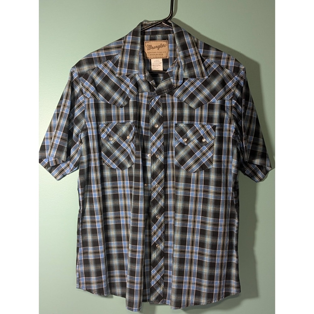 Wrangler Western Snap Button Up Plaid Size Large Blue Short Sleeve Shirt - Picture 9 of 9